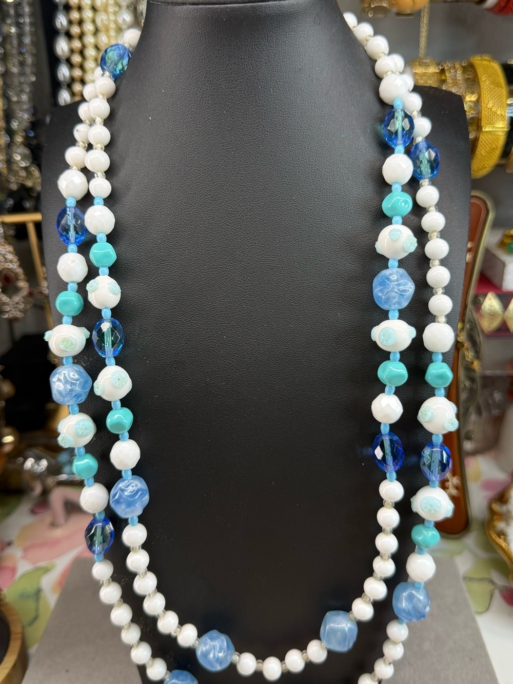 Vintage Milk Glass White and Lucite Turquoise Beaded Long Necklace 60”